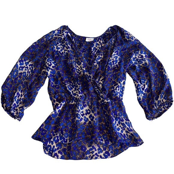 Parker Silk Blouse Blue Brown Leopard Print Peplum Top Small